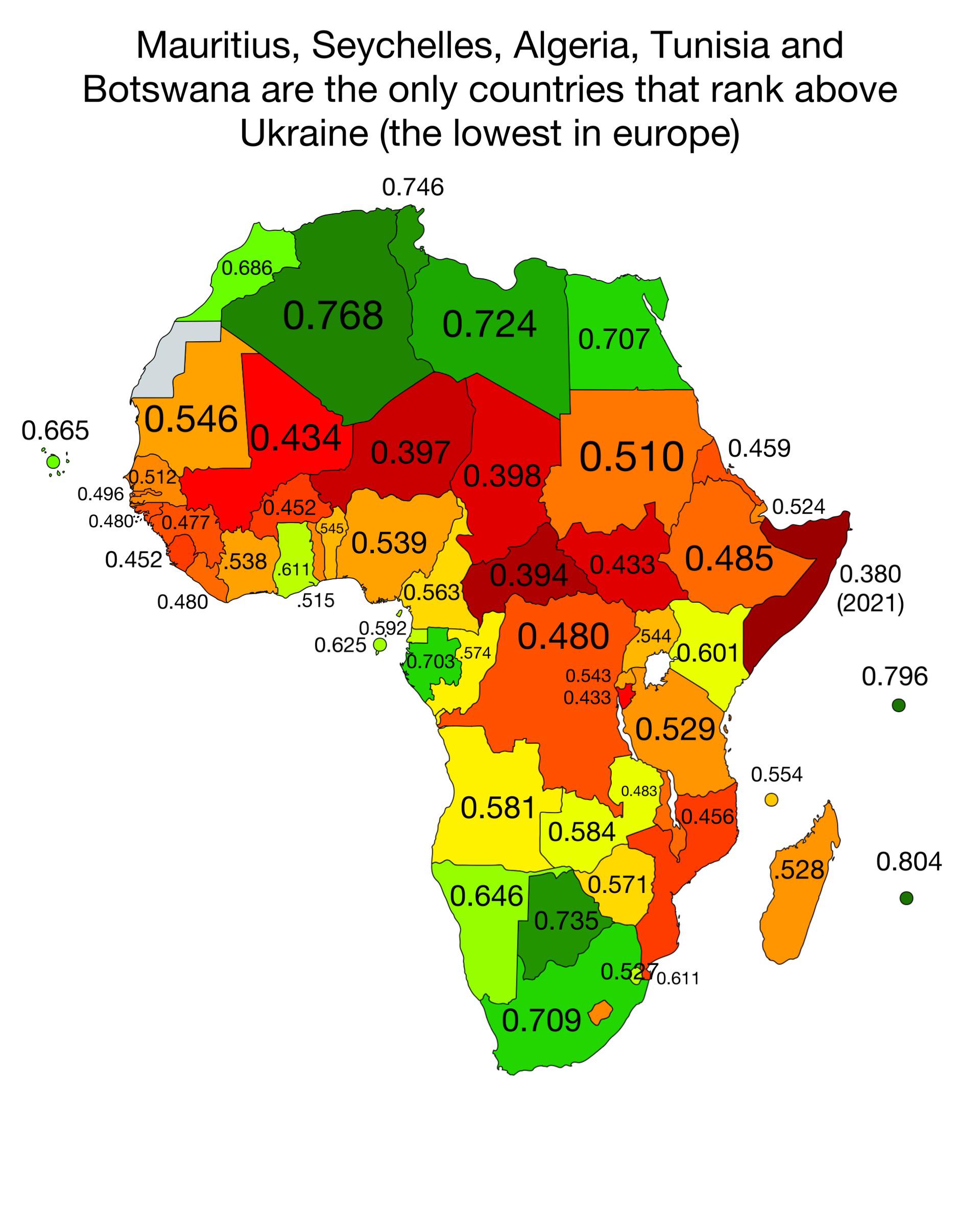 African countries shaded by Human Development Index, showing lower scores in red — Heapio