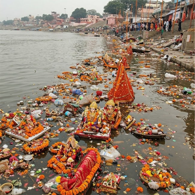 Religious offerings left on the banks of the Ganges after a festival — Heapio